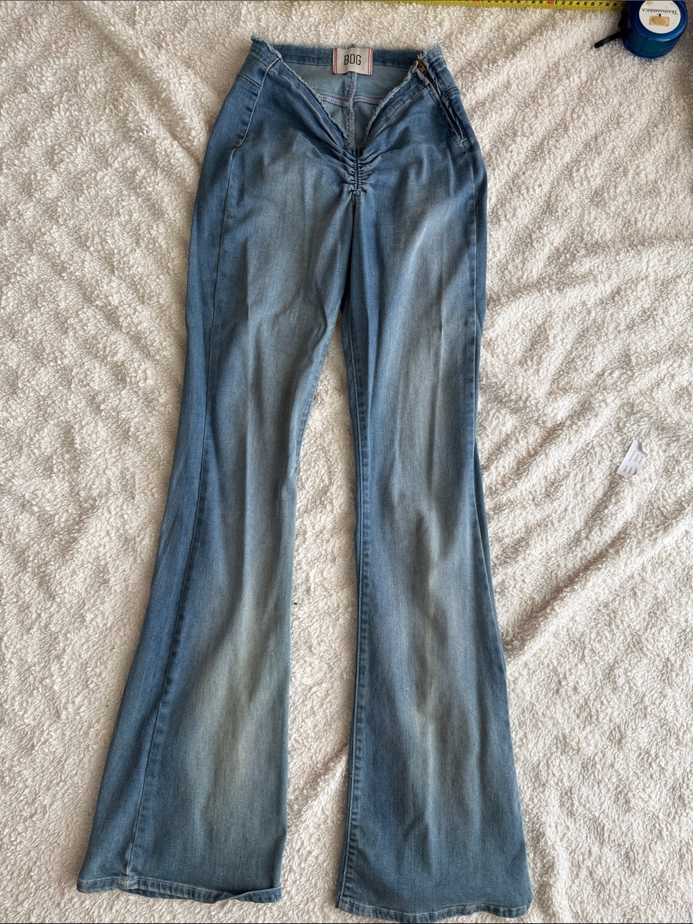 BDG lowrise Light Blue Ruched V-Front Flare Jeans